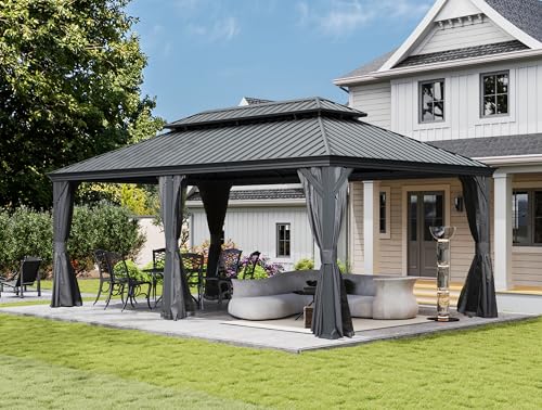 Domi 10’ x 10’ Hardtop Gazebo Metal Frame Canopy with Netting & Curtains