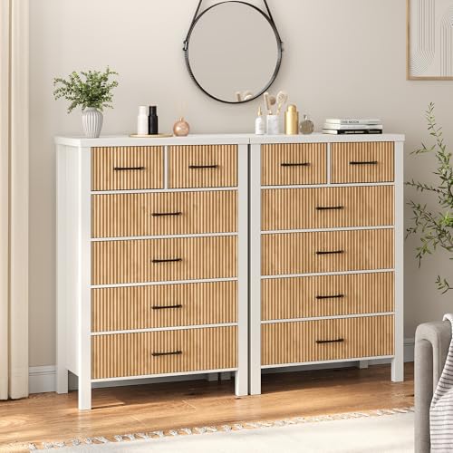 Fluted 6 Drawers Dresser for Bedroom, Tall Boho Chest of Drawers with Metal Handle, Wooden Closet Clothes Storage Organizer for Living Room