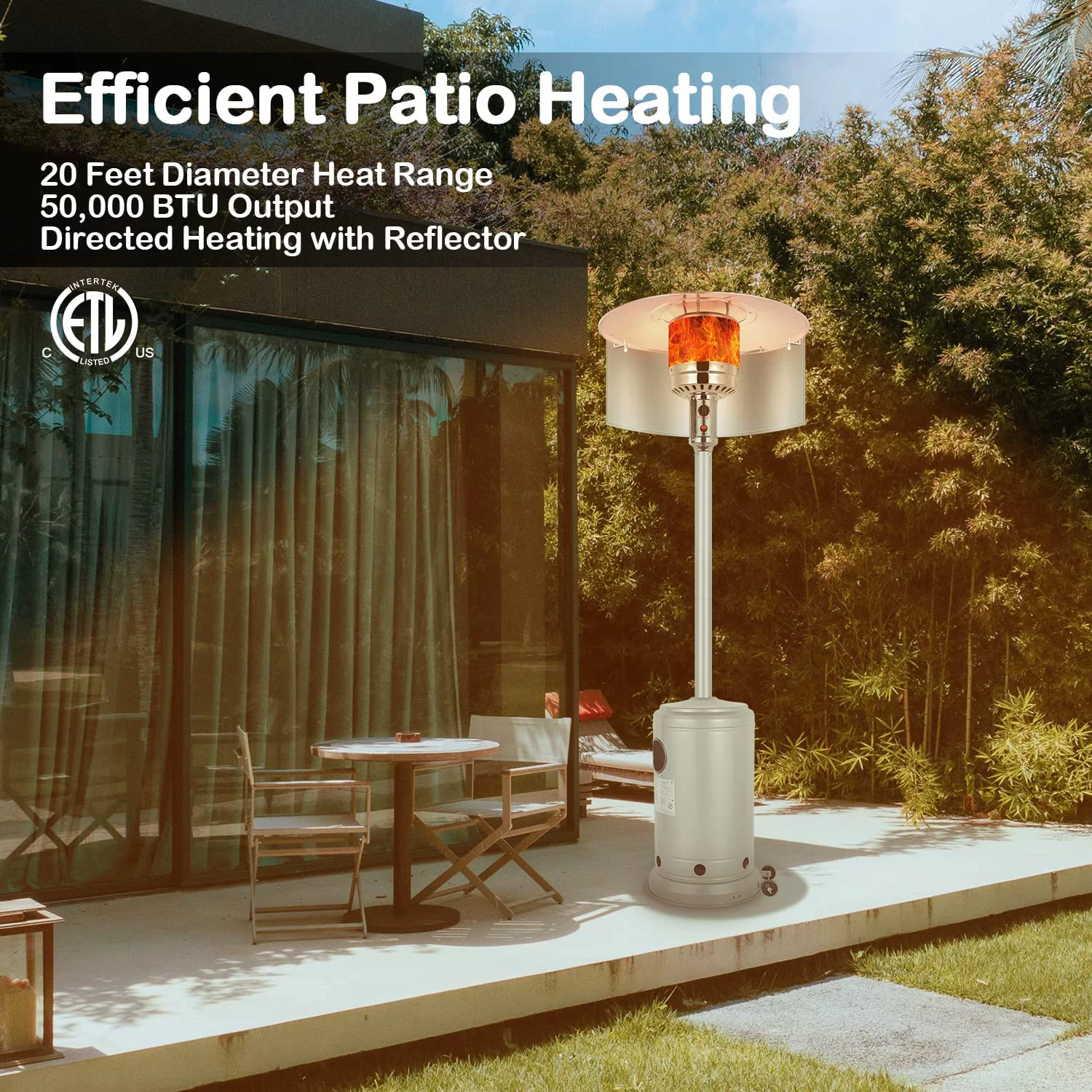 50,000 BTU Propane Patio Heater with Reflector, Stainless Steel Burner, Triple Protection System, Wheels, Outdoor Heaters for Patio, Garden
