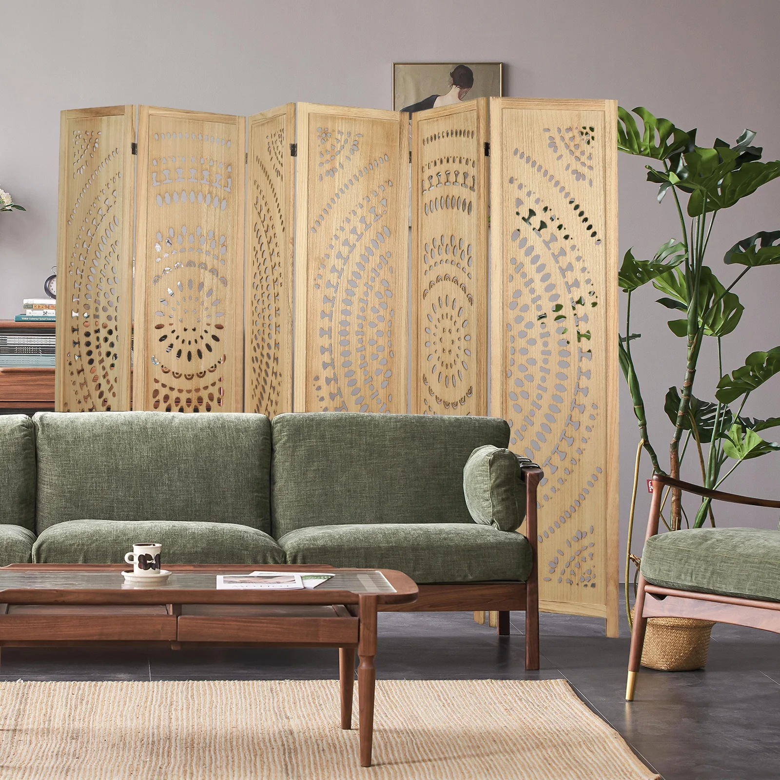 Fionafurn Panel Carved Wood Room Dividers 5.6FT Room Divider and Folding Privacy Screen Freestanding Wooden Screen Room Divider Room Separation for