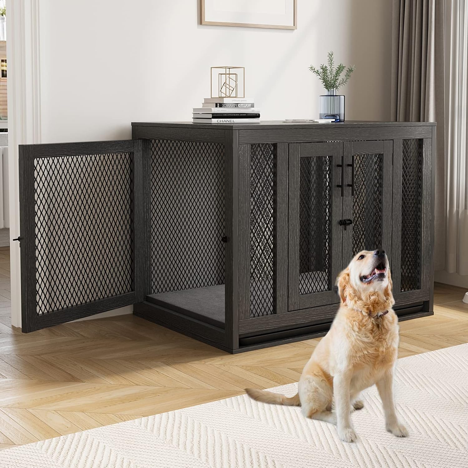 Furniture Style Dog Crate with Tray and Cushion, Double Doors Wooden Dog Kennel End Table