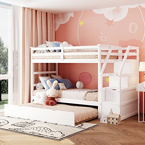 Harper & Bright Designs Twin Over Twin Bunk Bed with Trundle, Wood Bunk Bed with Storage Stairs for Kids Teens Adults (Walnut)