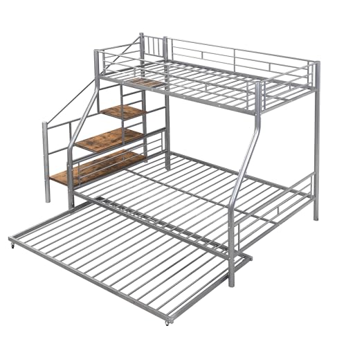 Twin Over Full Bunk Bed with Trundle and Stairs, Metal Bunk Bed with Storage and Safe Guardrails, Heavy-Duty Metal Bunkbeds for Teens, Adults