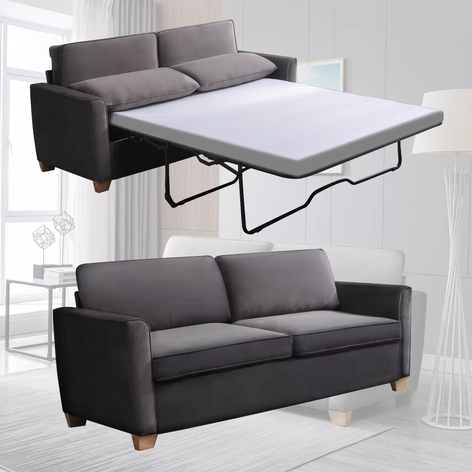 Mjkone Pull Out Sofa Bed, Sleeper Sofa Bed with Memory Foam Mattress, 2-in-1 Pull Out Couch Bed Suitable for Friends to Stay Temporarily