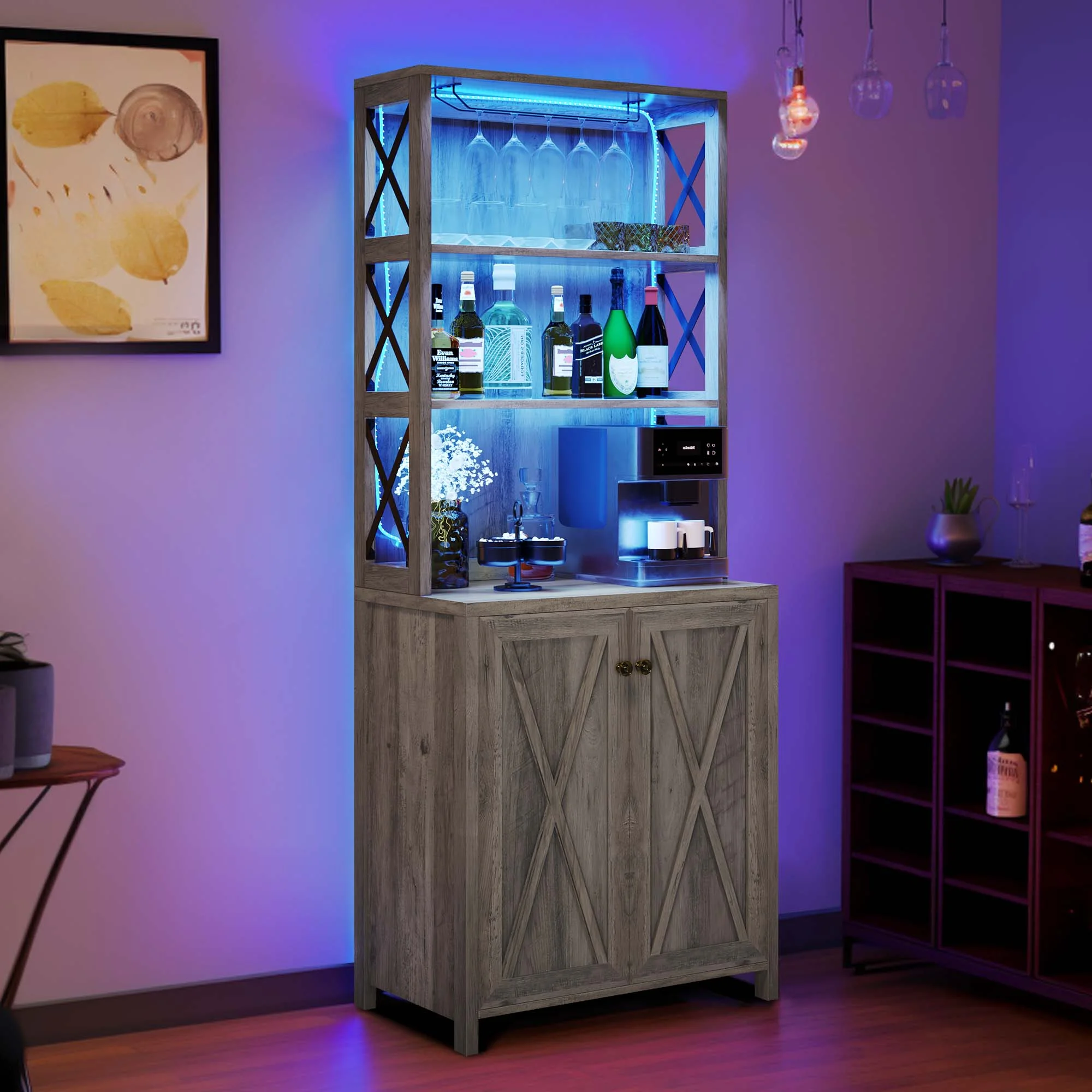Dextrus Farmhouse Bar Cabinet for Liquor and Glasses, 67"Freestanding Bar Cabinet with Led Light, Doors and Shelves, Kitchen Microwave Storage