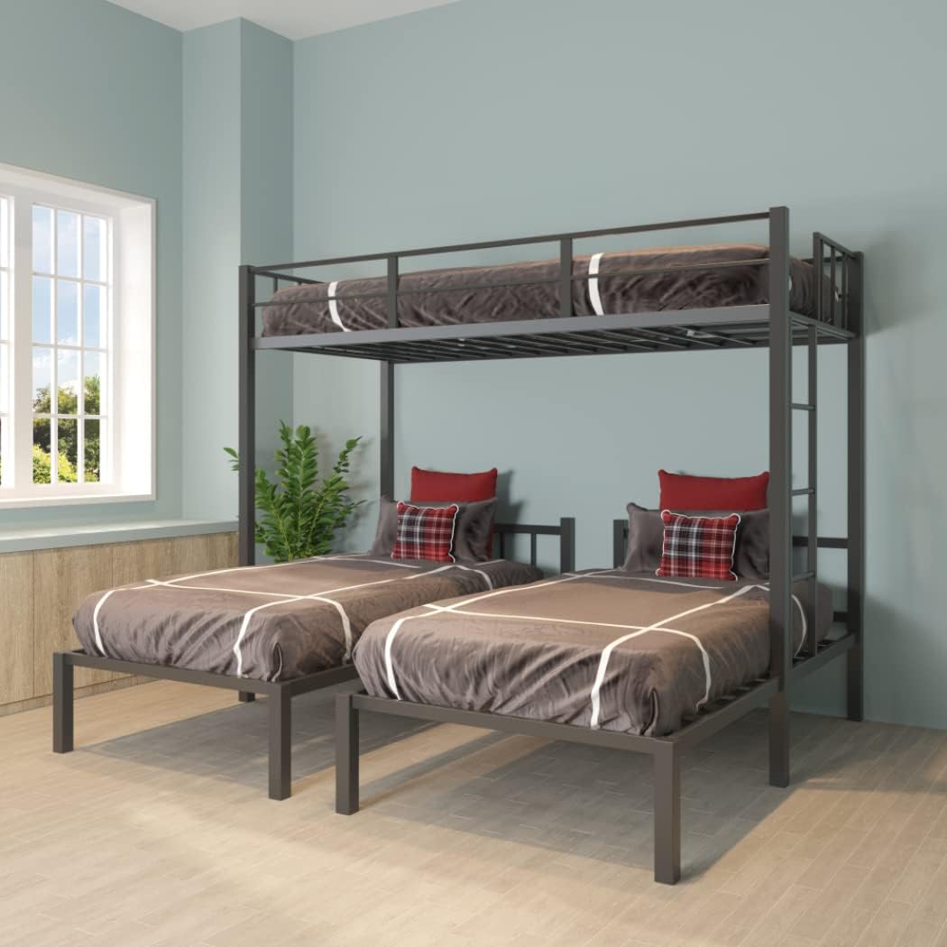 Triple Bunk Metal Beds,Can Be Separated into 3 Twin Beds with Headboards,Twin Over Twin/Twin Bunk Bed-Black