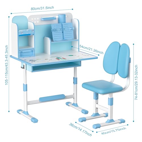 Kids Desk and Chair Set,Height Adjustable Children School Study Table and Chair Set with Sitting Corrector,Desk Chair with Book Stand, Foot Pedal
