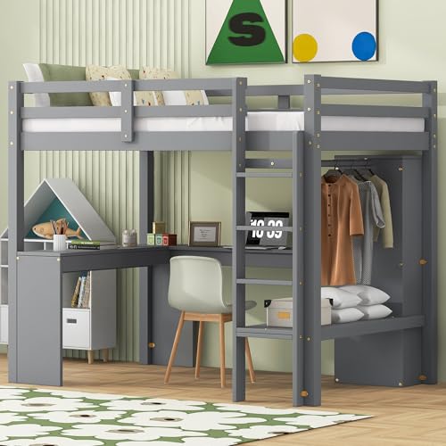 SOFTSEA Full Size Loft Bed with Desk & Wardrobe, Wood Loft Bunk Bed with Storage Shelves and Cabinets