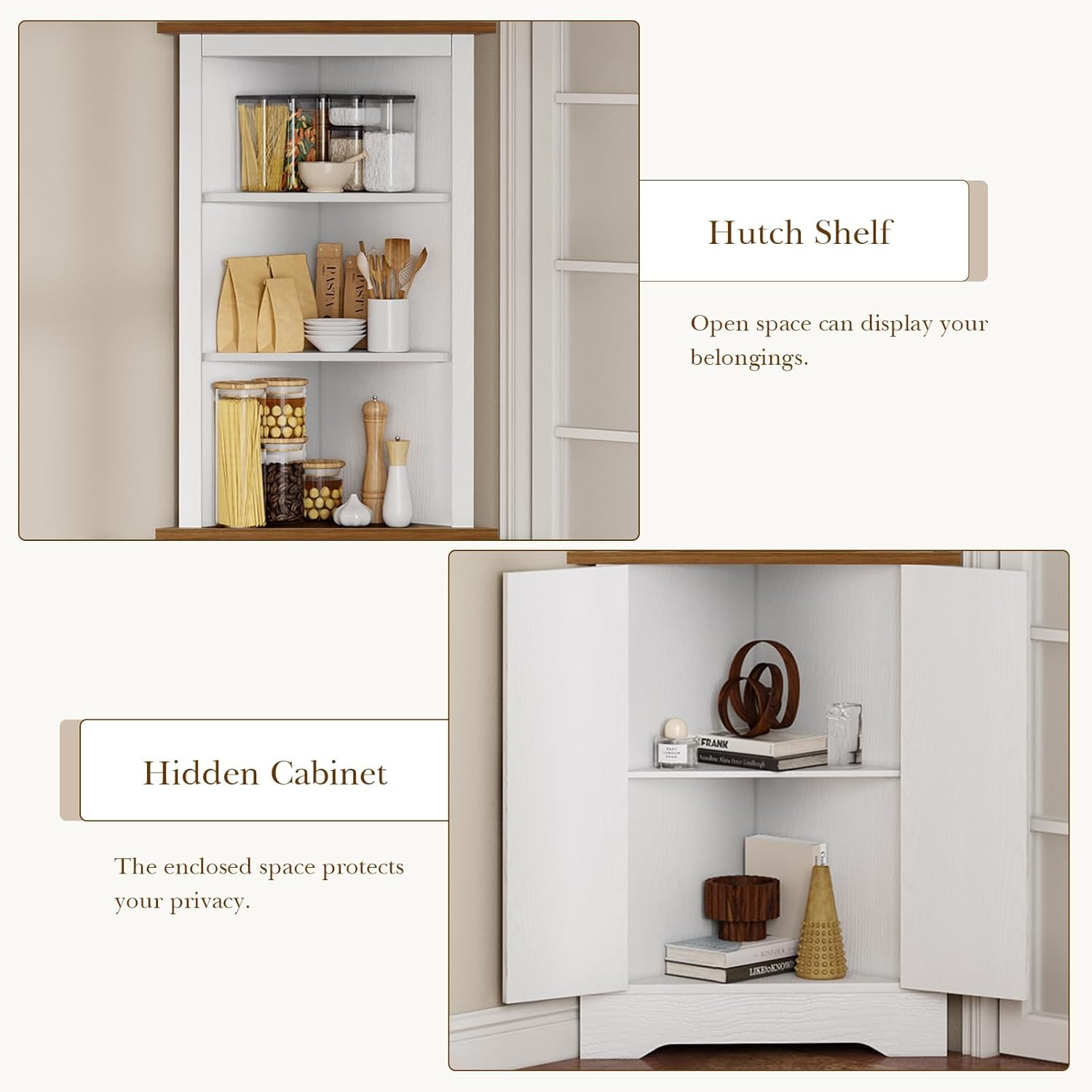 4 EVER WINE Farmhouse Corner Cabinet, Tall Corner Cabinet with 5 Shelves & Barn Doors, Corner Storage Cabinet Home Space Saver for Living Room