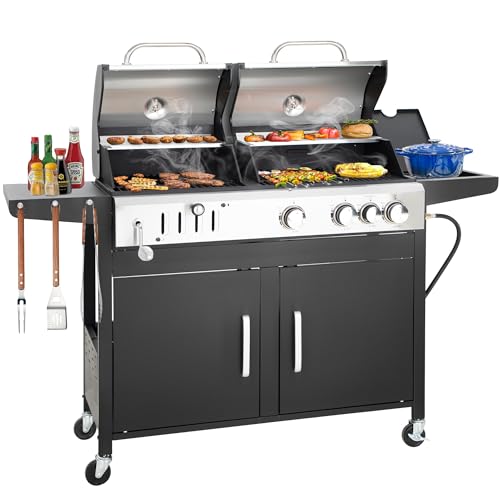 3 Burner Propane Gas and Charcoal Grill Combo with Side Burner & Porcelain-Enameled Cast Iron Grates, 37