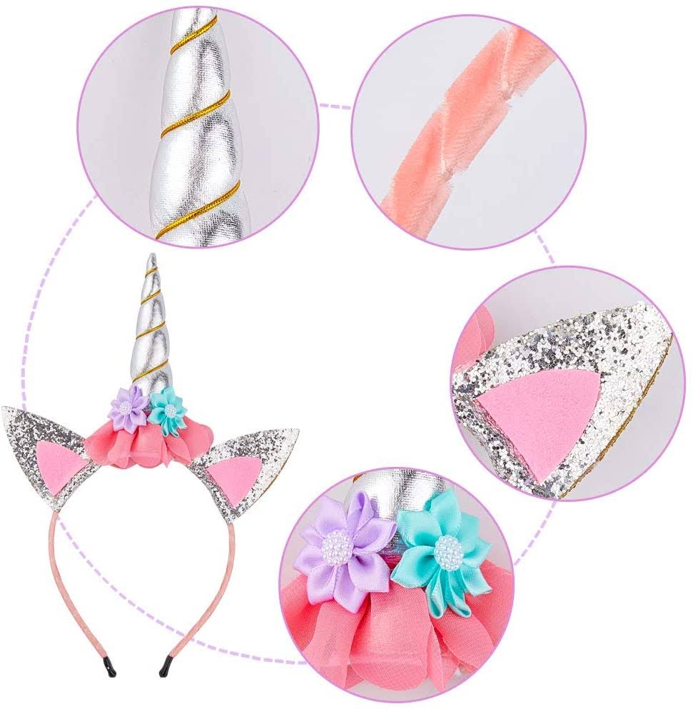 Unicorn Birthday Set, Beinou Shiny Unicorn Headband and Birthday Sash Set Perfect Unicorn Theme Birthday Party Supplies, Silver