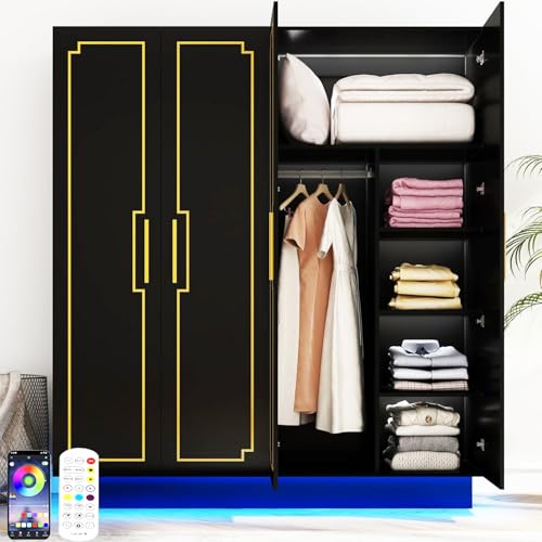 70in LED 4 Doors Armoires Wardrobe Closet&Cabinet with Metal Hanging Rod