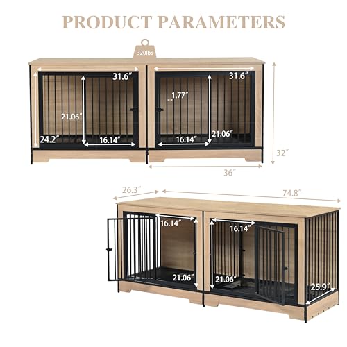 63'' Double Dog Crate Furniture for 2 Dogs, XXL Wooden 2 Dog Kennel, Wooden Dog Kennel with 2 Drawers,Divider and Sliding Door