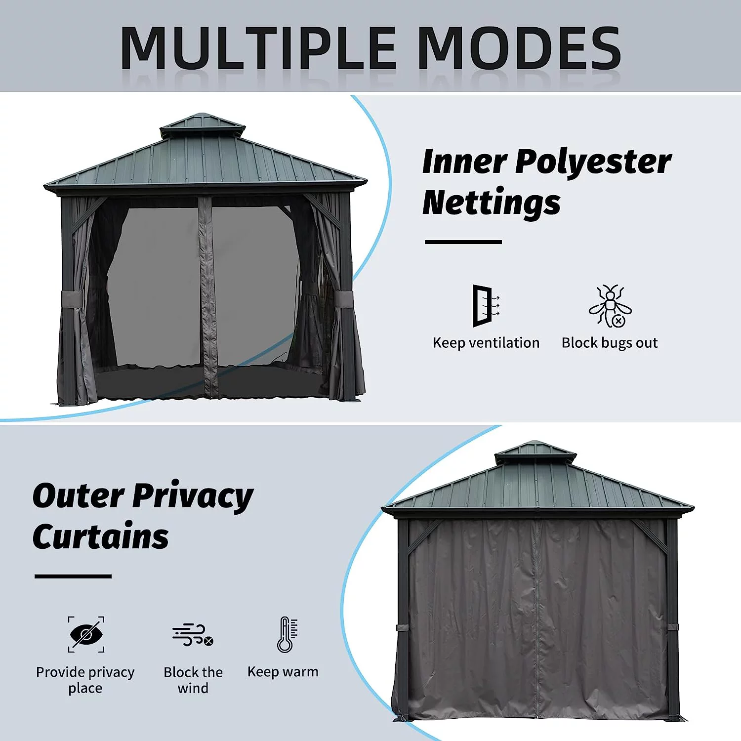 Domi Outdoor Living 10’ x 10’ Hardtop Gazebo Aluminum Frame Canopy with Netting & Curtains