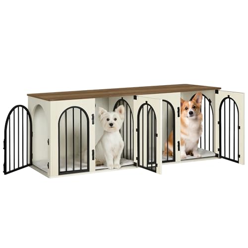 71" Dog Crate Furniture for 2 Dogs, Heavy Duty Indoor Dog Kennel TV Stand, XXL Wooden Dog Cage with Divider for Medium Large Dogs