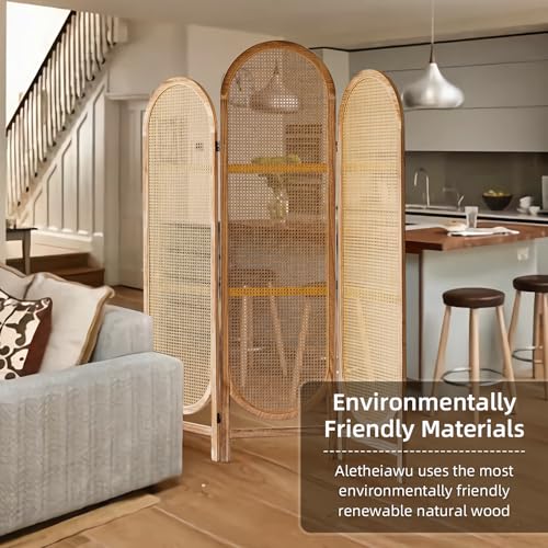 5.9 Ft Tall Hand-Woven Rattan Room Divider 3 Panels, Wood Room Divider Panel, Folding Screen Divider Wall, Wall Divider for Room Separation