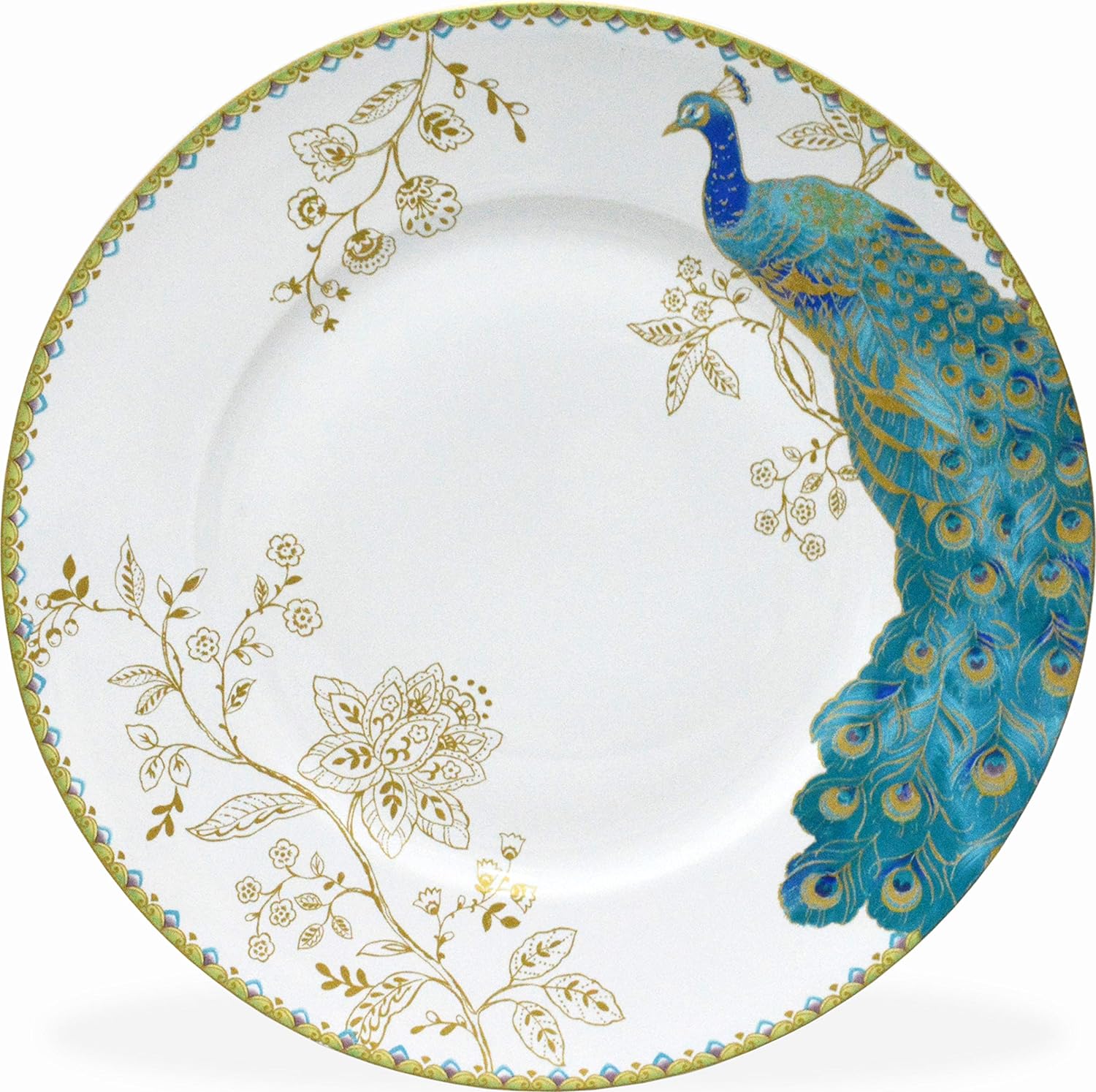 Peacock Garden 16-Piece Porcelain Dinnerware Set With Round Plates, Bowls, And Mugs, White