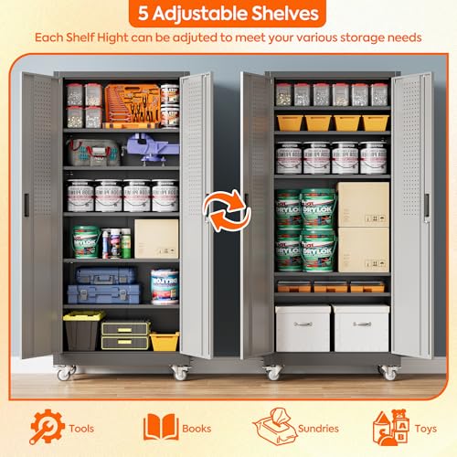 Metal Storage Cabinet with Wheels, 73" H Rolling Garage Cabinets with Locking Doors and Adjustable Shelves for Home Office, Basement, Pantry, Workshop