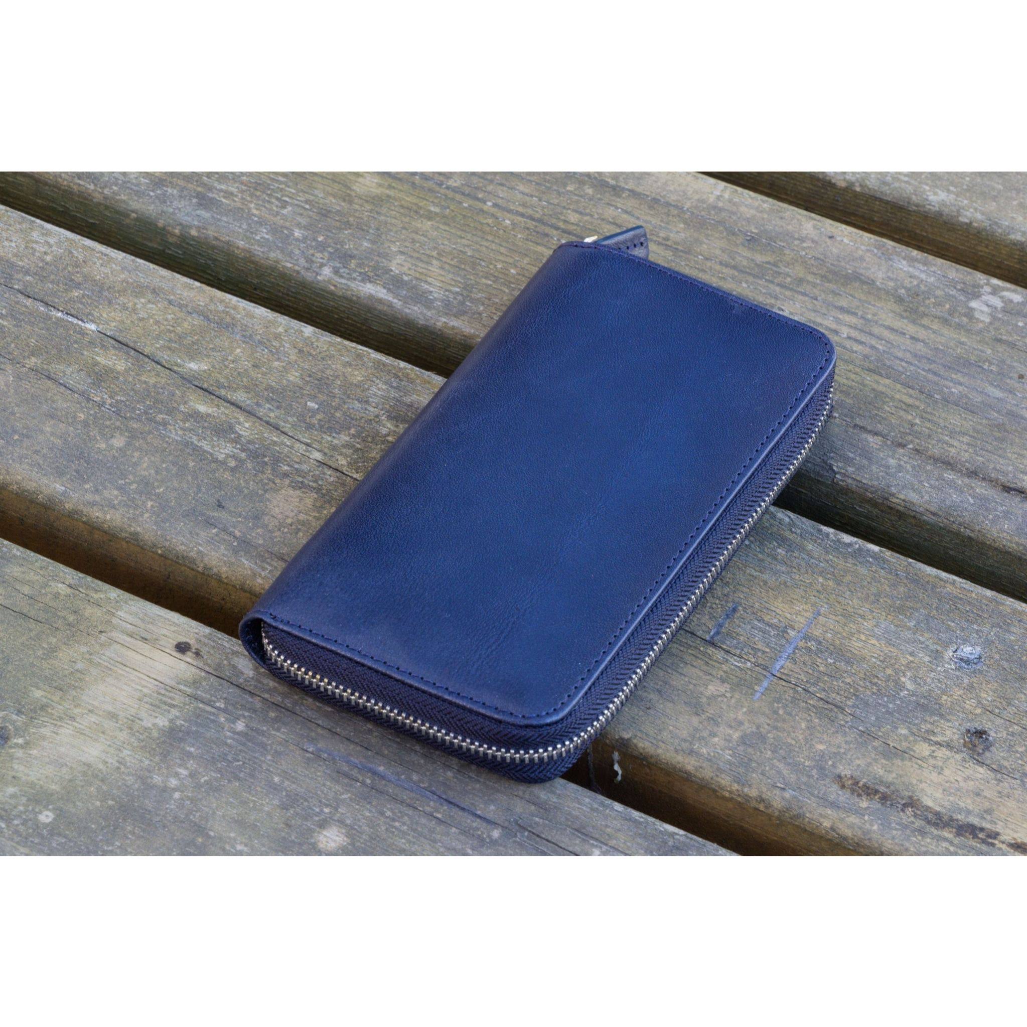 Galen Leather 3 Pen Zipper Case - Navy Blue