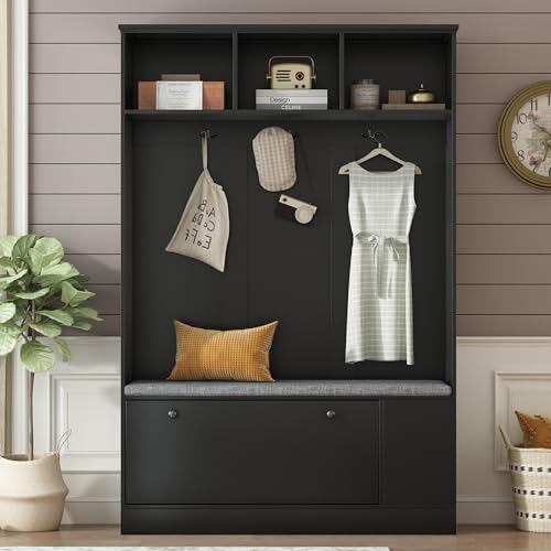Wide Design Hall Tree with Storage and Bench, 4-IN-1 Multi-functional Entryway Bench with Coat Rack and Shoe Cubbies, Practical Furniture for Hallway