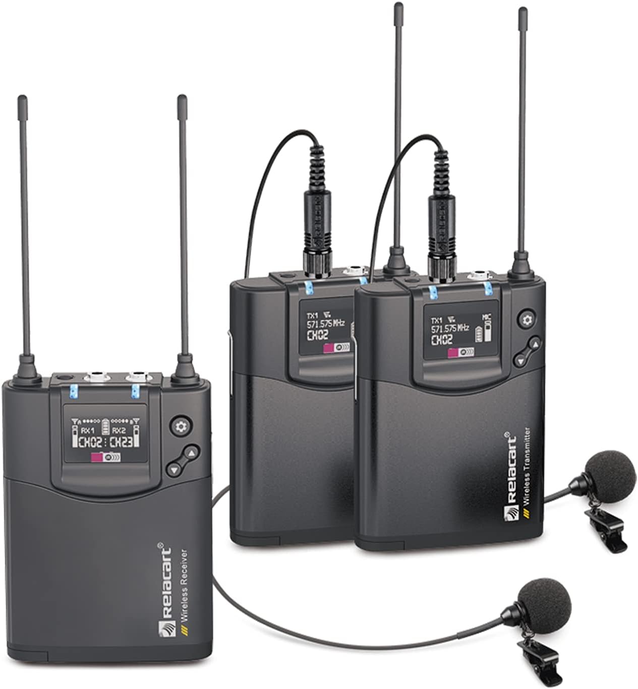 RELACART CR2 UHF Wireless Lavalier Microphone, 32 Channels Wireless Lapel Mic System Compatible with DSLR, Camera, Camcorder, Smartphone for Vlogging