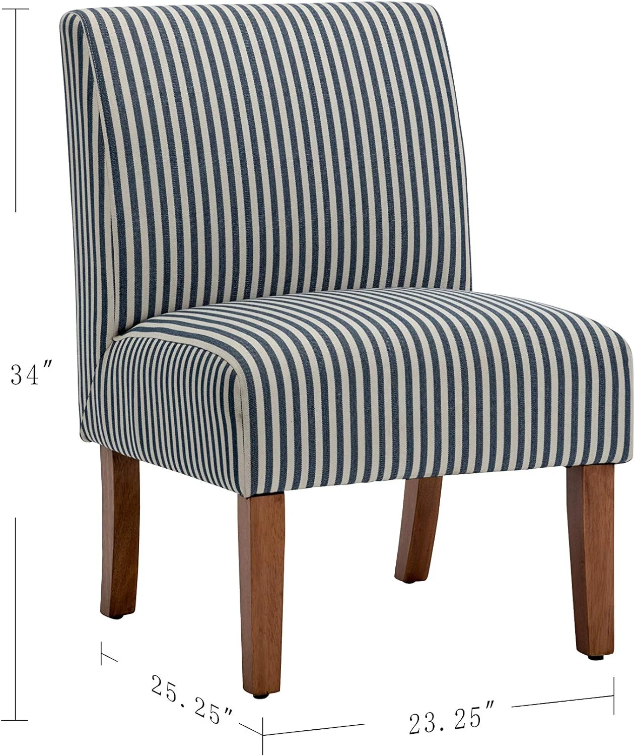 Classic Armless Slipper Accent Chair With Wood Legs, Navy And White Stripe Fabric