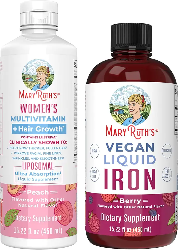 MaryRuth's Women's Multivitamin + Hair Growth Liposomal (Peach) & Iron Liquid (Berry) | Clean Label Project Verified® | Supplements for Beauty