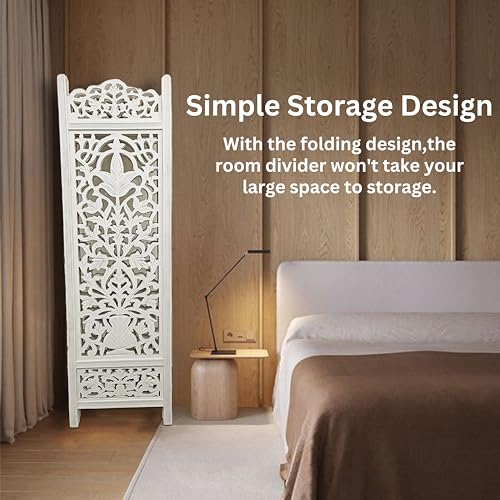 Lightnpro Wooden Room Divider - Handmade Foldable Partition Screen with Intricate Oval Carved Design Hinged
