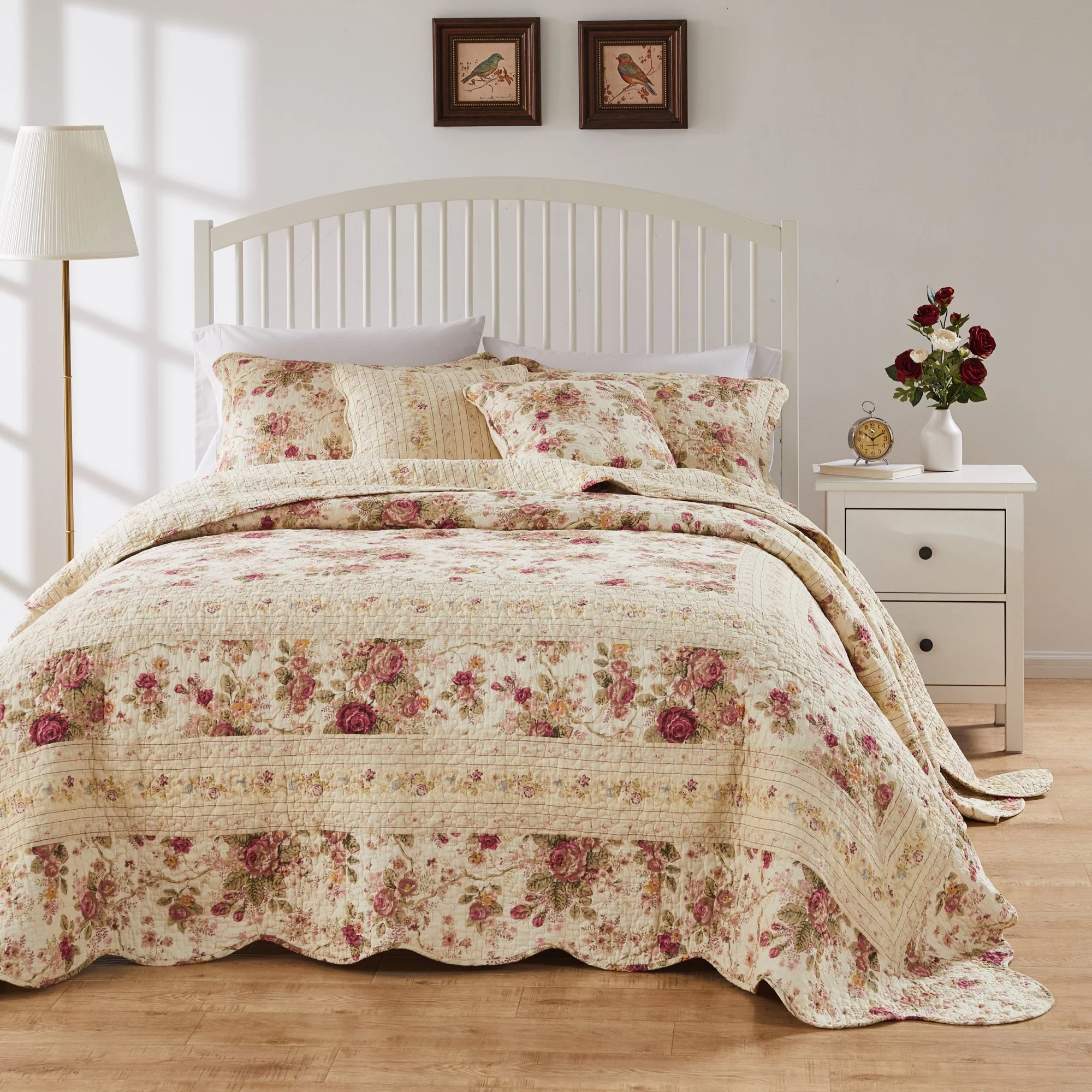 Greenland Home Fashions  Antique Rose All-Cotton Reversible Quilt Set Blue (3-Piece Set) Oversized Queen 3 Piece