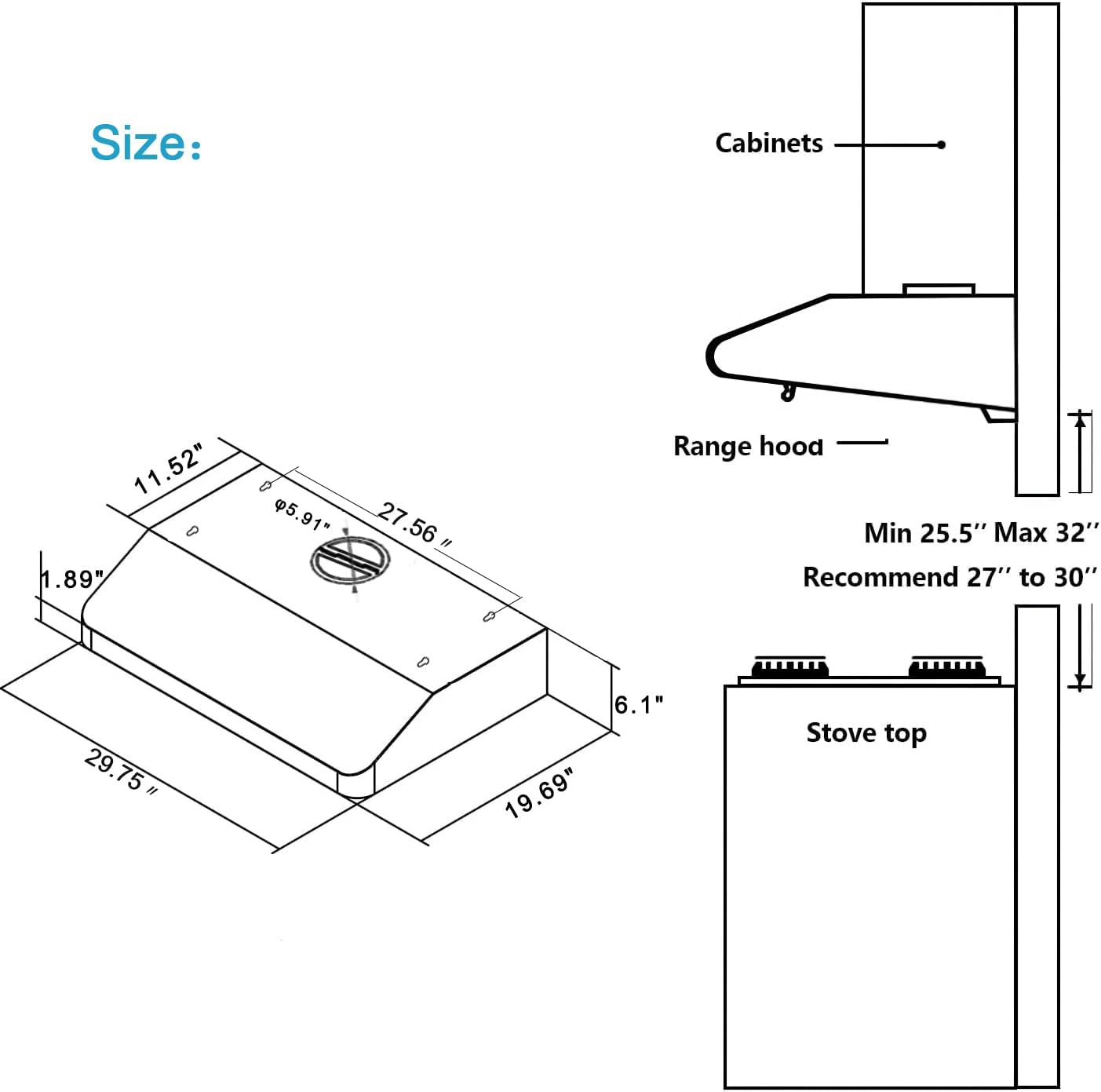 30 Inch Under Cabinet Range Hood with Two Powerful Motors, 750CFM,3 Speed Exhaust Fan, 2 Pcs Baffle Filters and Stainless Steel Vent Stove Hood
