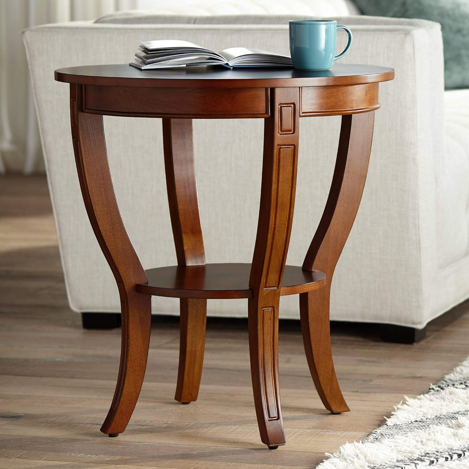Patterson II Farmhouse Rustic Cherry Wood Round Accent Side End Table 26" Wide Natural Grain Curving Legs for Spaces Living Room Home House Entryway