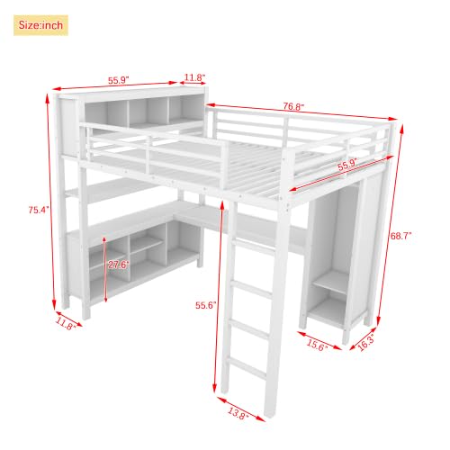 Metal Loft Bed with Wardrobe and L-Shaped Desk, Full Size Loft Bed with Storage Cubes and Shelves, Heavy Duty Loft Bed for Kids Teens, White