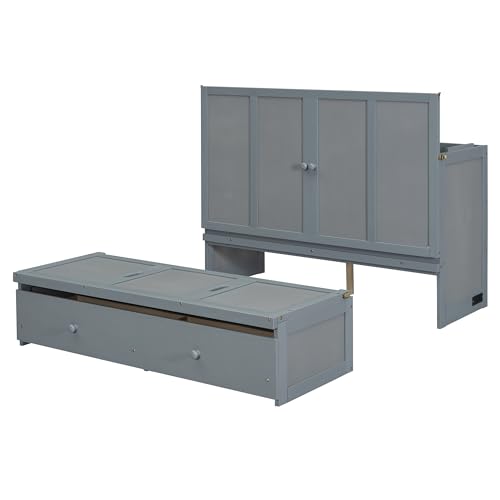 Queen Size Murphy Bed with Drawers and Charging Station Wood Murphy Wall Cabinet Bed with Storage for Saving Space, Espresso