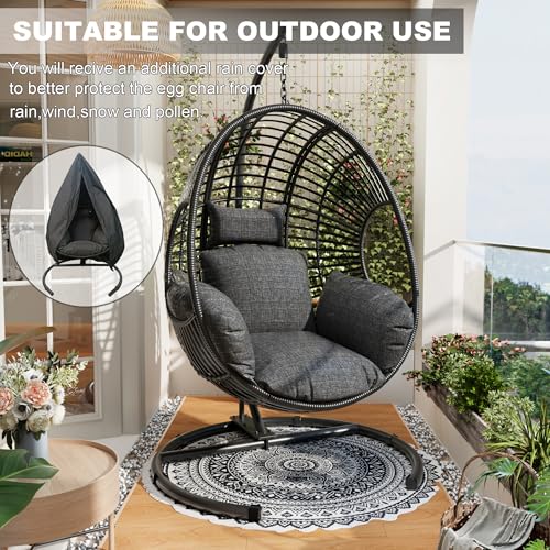 Oversized Hanging Egg Chair Outdoor Indoor, Wicker Swing Egg Chair with Stand 400lbs Capacity for Bedroom, Patio, Garden and Balcony (Beige-nest