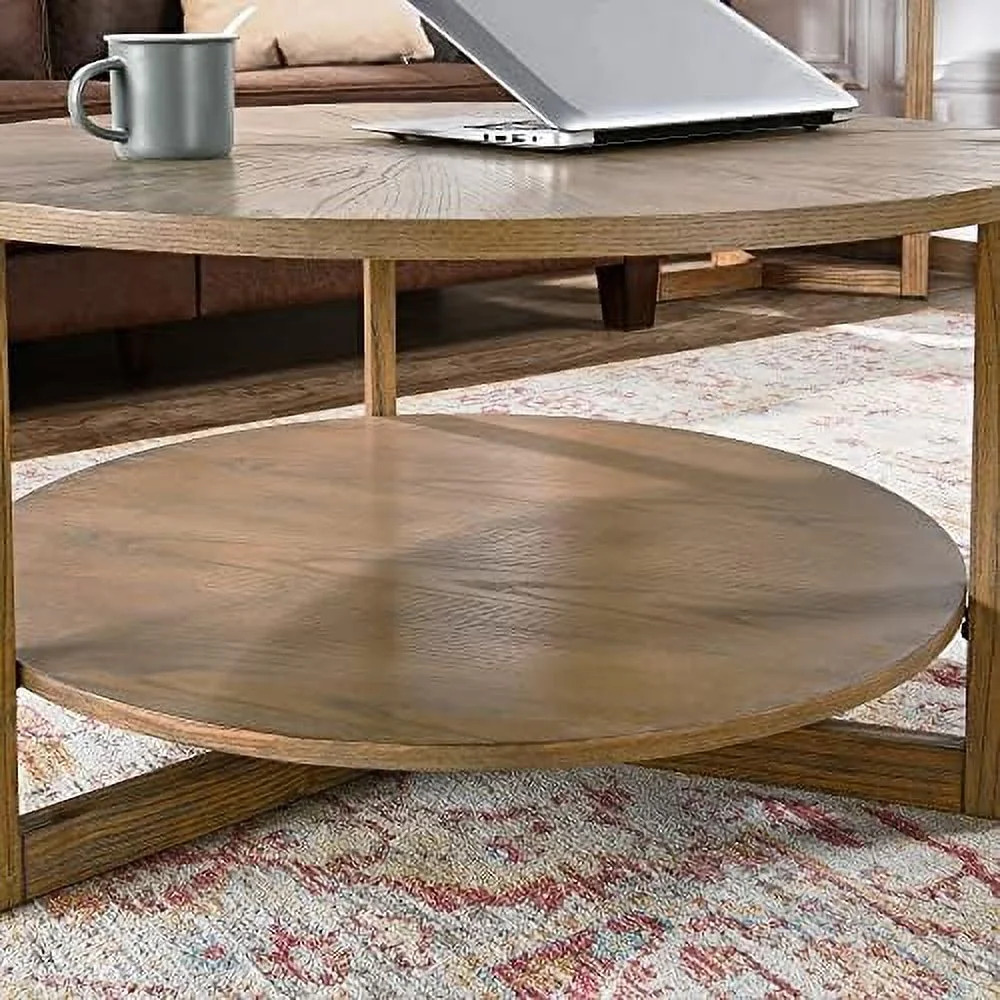 YZboomLife Round Coffee Table Living Room  Circle Round Coffee Table with   Farmhouse Solid Wood Coffee Table  Yellowish Brown  KFZ-3338