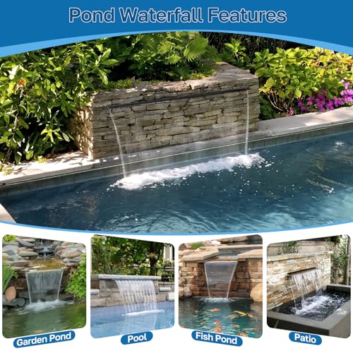 POPOSOAP 24 Inch Pond Waterfall Spillway with 1200GPH Pump, 304 Stainless Steel Waterfall Kit with 9.8FT Corrugated Tube