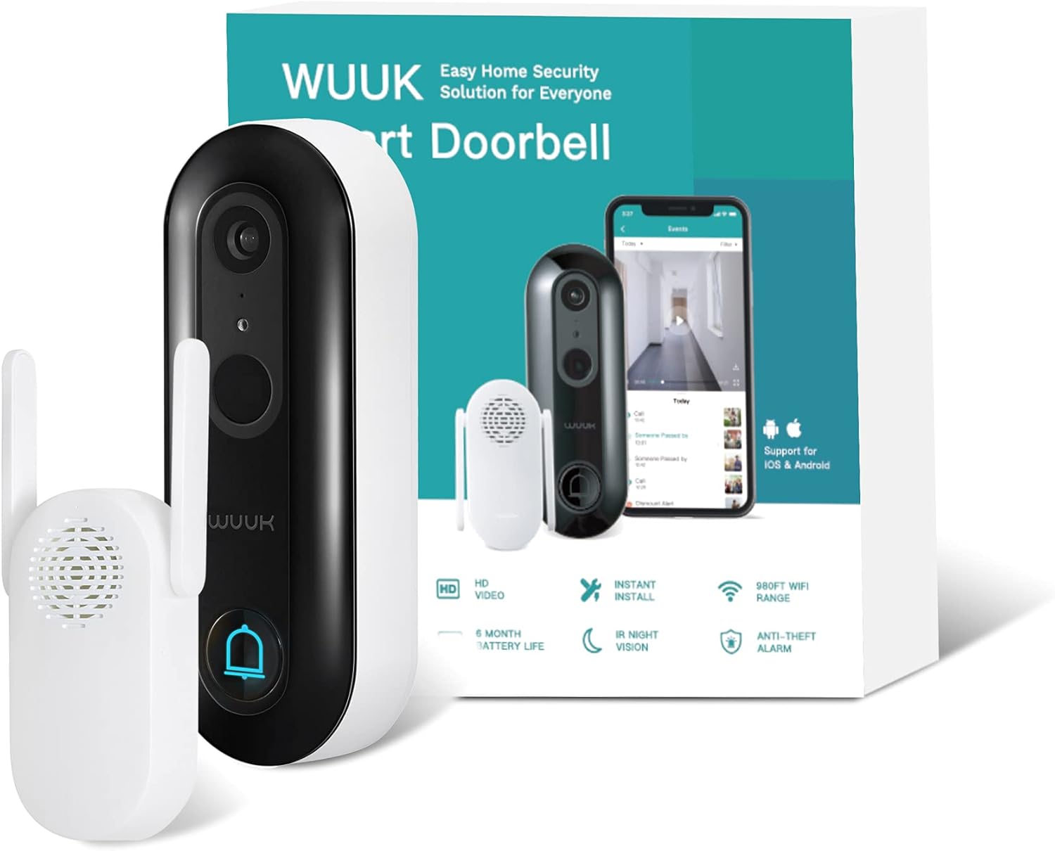 WUUK Smart Video Doorbell Camera wi-fi with Motion Detector, Battery-Powered, 1080p Door Camera Wireless, No Monthly Fee, Easy Installation