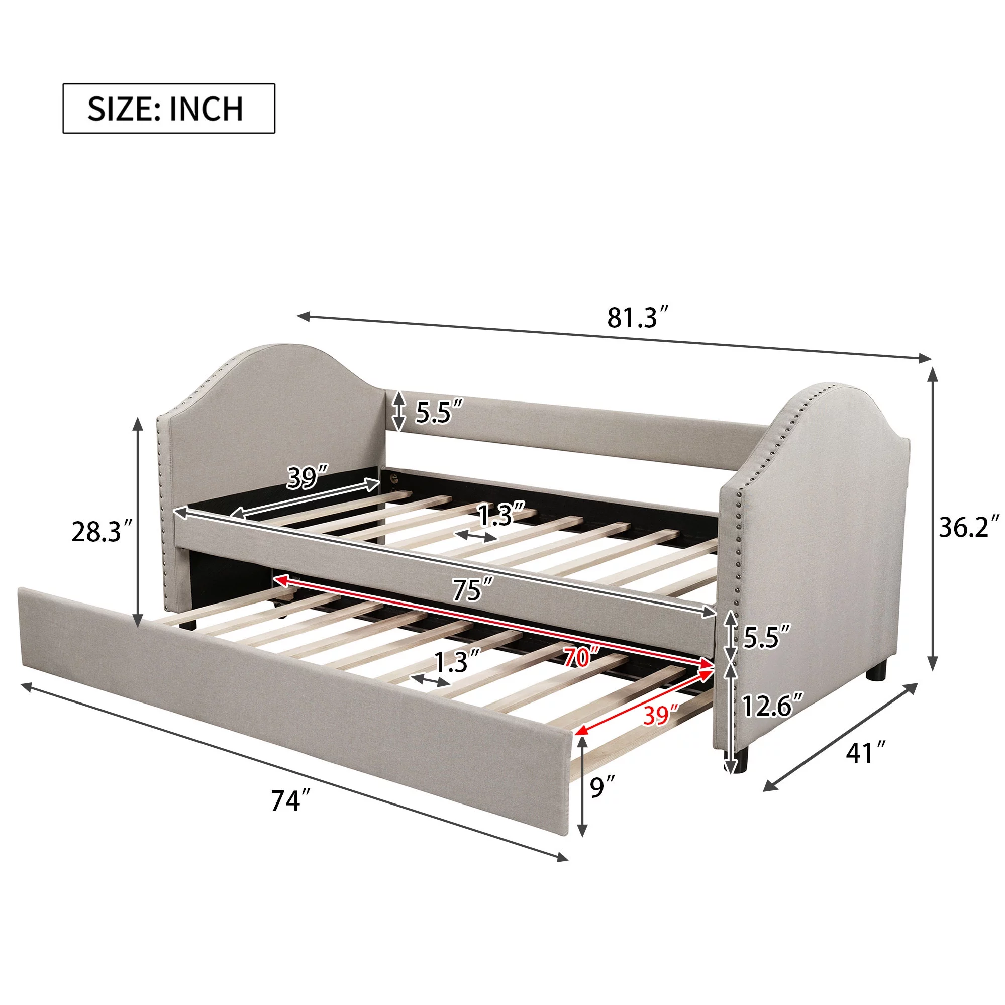Beige Twin Size Upholstered Daybed with Twin Size Trundle, Wood Slat Support