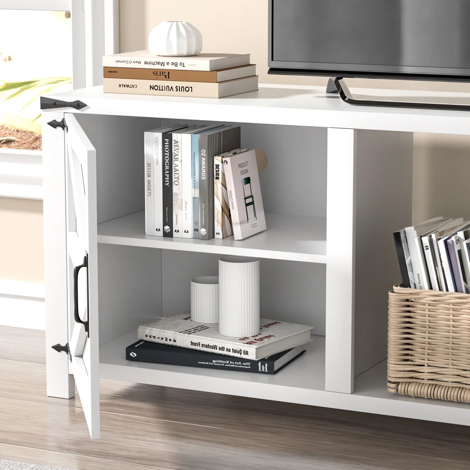 Oneinmil 70" Modern Farmhouse TV Stand for 80" TVs , with Barn Doors Storage Cabinets, TV Entertainment Center for Living Room, White
