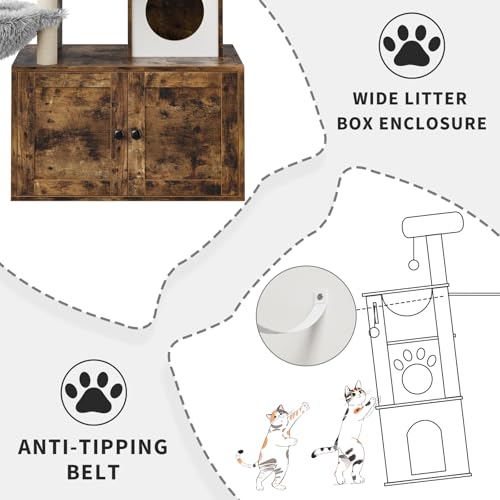 57.5-Inch Cat Tree with Litter Box Enclosure 2-in-1 Modern Cat Tower with Cat Condo/Hammock/Scratching Post/Plush Perch/Removable Pompom Sticks/Caves