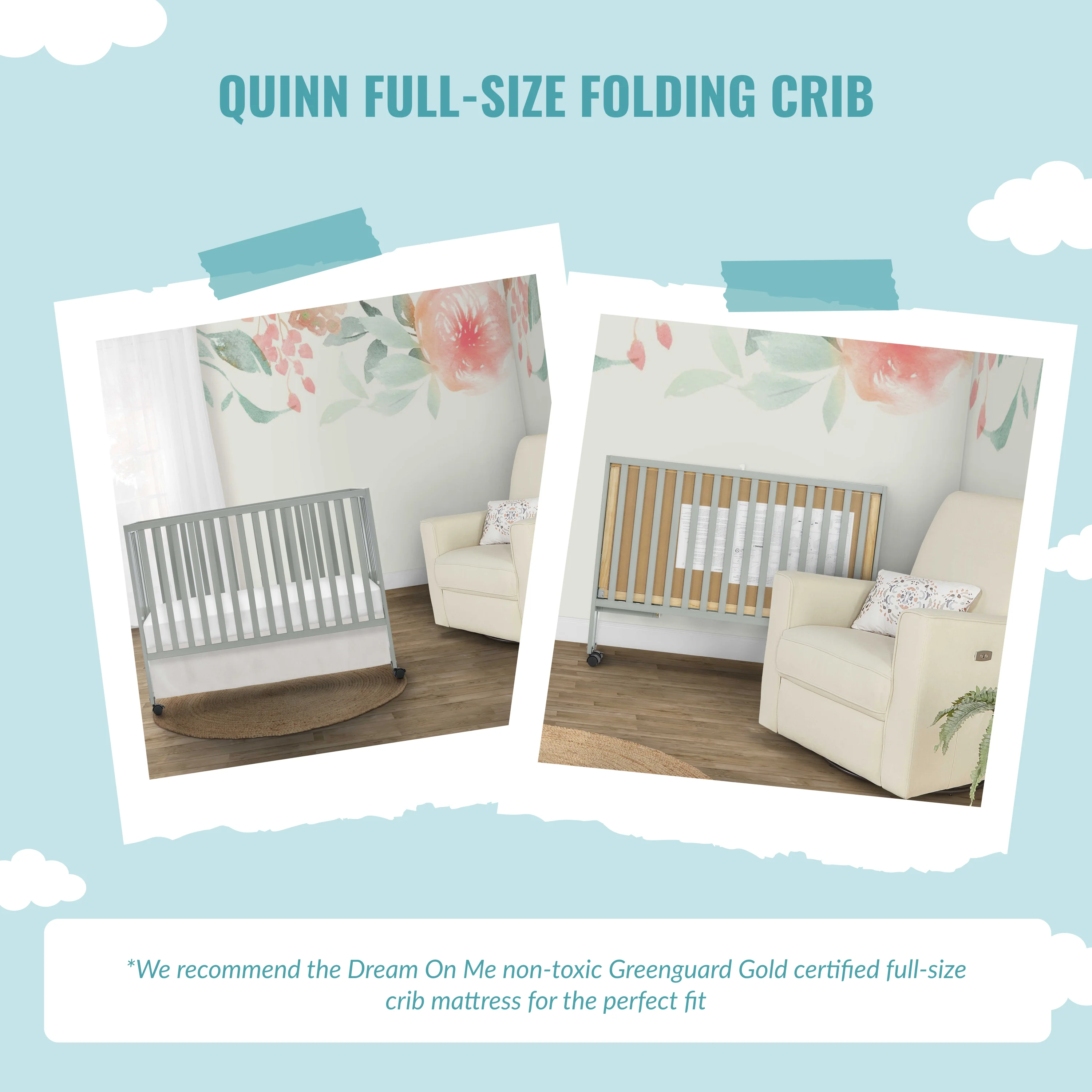 Dream On Me Quinn Full-Size Folding Crib in Cool Grey, Removeable Wheels, Modern Nursey, Adjustable Mattress Support, Portable Crib