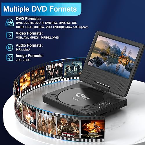 9.5" Portable DVD Player with 7.5" Swivel Display Screen, 5-Hour Built-in Rechargeable Battery, Car DVD Player
