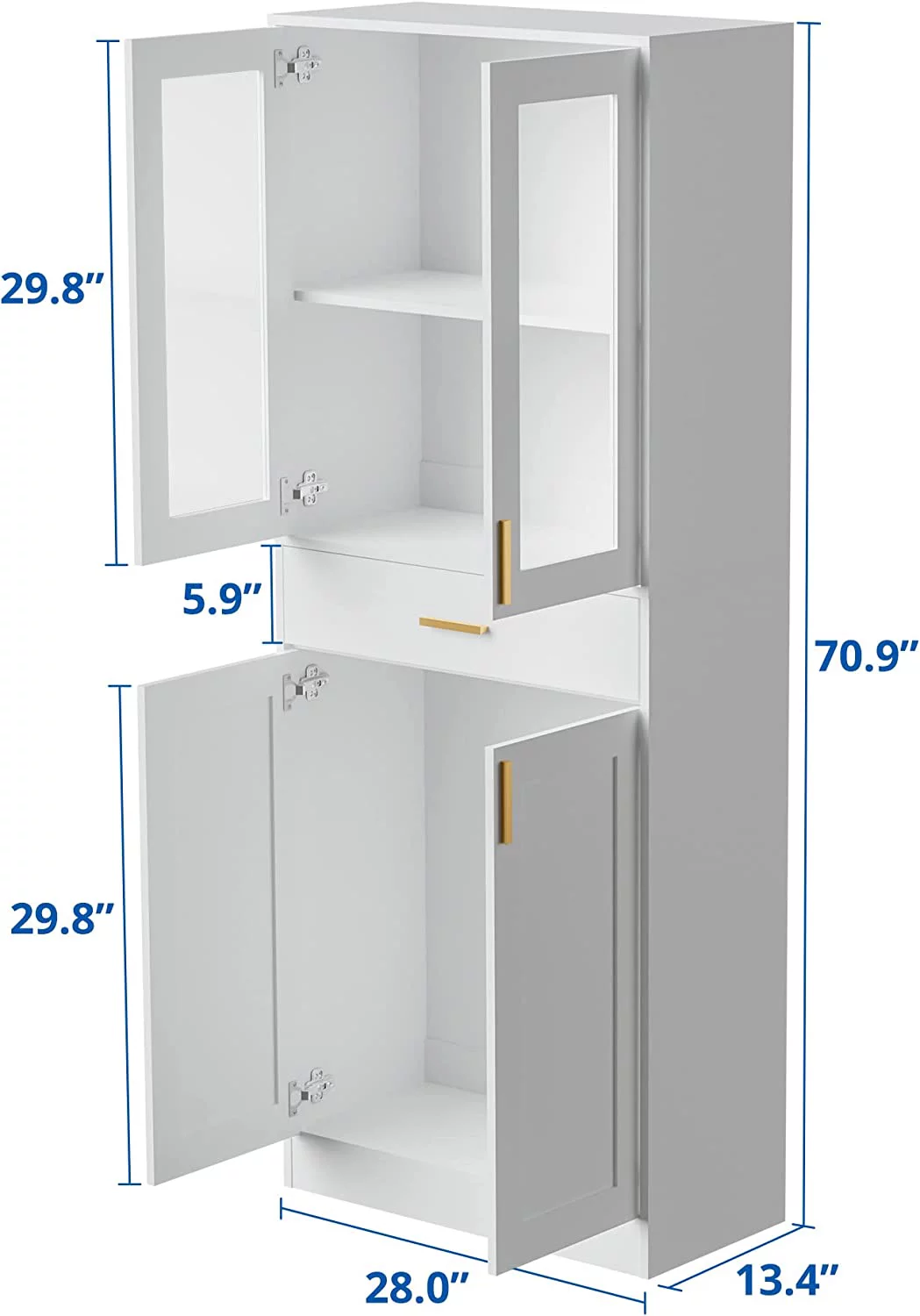 Cozy Castle 70" Tall White Display Cabinet, Pantry Cabinet with Acrylic Glass Doors and Drawer, China Cabinet, Office Storage Cabinet, Bookcase