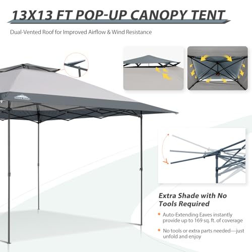 EAGLE PEAK 13x13 Straight Leg Pop Up Canopy Tent Instant Outdoor Canopy Easy Single Person Set up Folding Shelter w/Auto Extending Eaves 169 Square