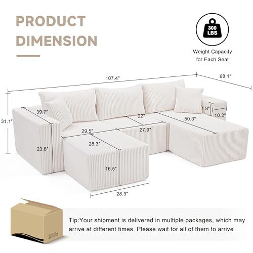 107.4" Cloud Couch Sectional, Modular Sofa with Deep Seat, Plush Corduroy L Shaped Boneless Couch, Convertible Sectional Couches for Living Room
