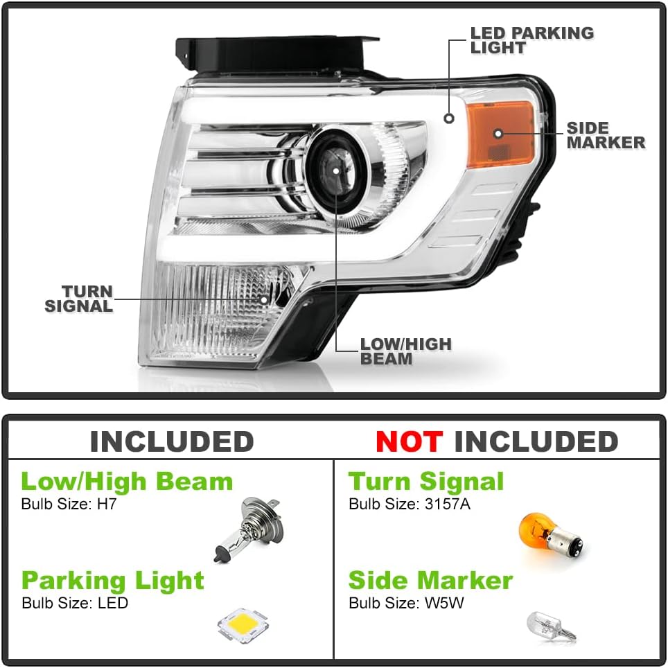 ACANII - For 2009 2010 2011 2012 2013 2014 Ford F150 LED Tube Projector Headlights Driver + Passenger Side