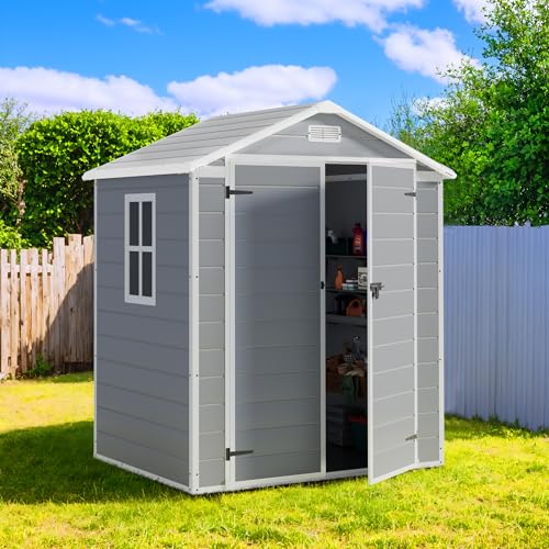Greesum 5' x 4' Resin Weather Resistant Outdoor Storage Shed with Floor for Garden,Backyard,Pool Tool, Light Grey
