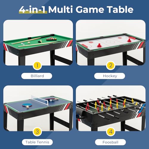 GYMAX 4 in 1 Multi Game Table, 49" Combo Game Table with Foosball Table, Pool Billiards, Air Hockey & Table Tennis for Kids Adults Family Game Room
