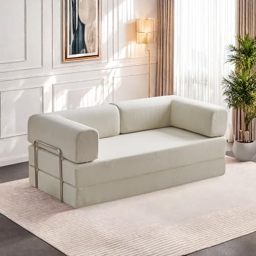 Convertible Floor Sofa Bed, Foldable Mattress Cloud Couch with Pillow Back & Armrest, Chenille Sleeper Sofa Bed with Fixed-Shape Frame