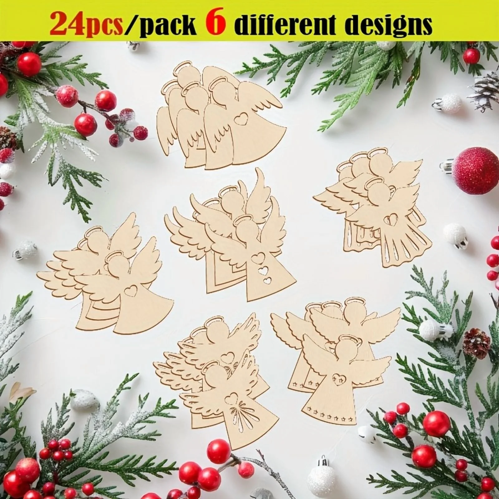 24pcs Unfinished Wood Hanging Decorations 6 Designs Angel Christmas Wooden Ornaments
